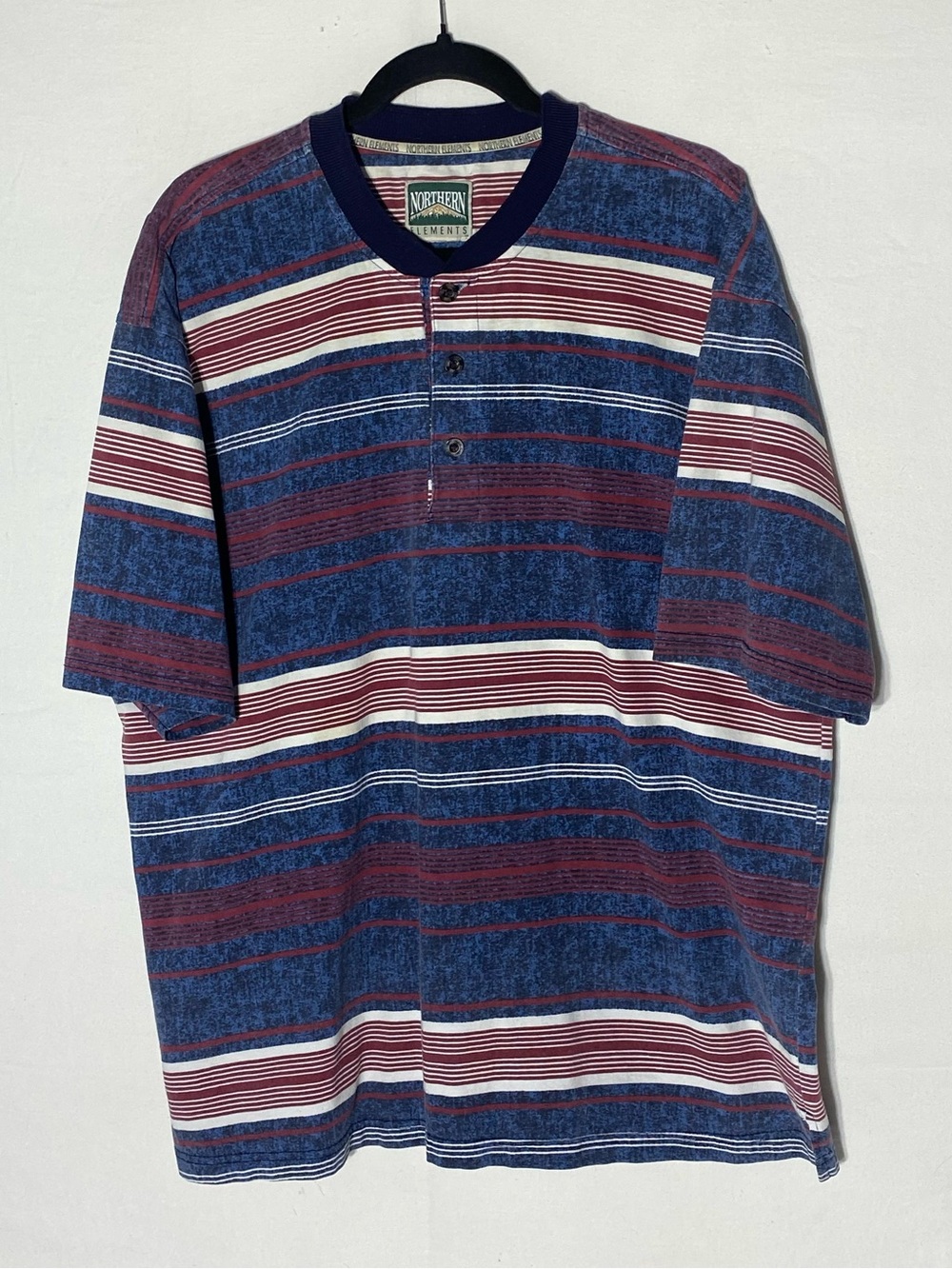 Vintage 90s Northern Elements Blue Burgundy Striped T Shirt XL Dadcore Indie